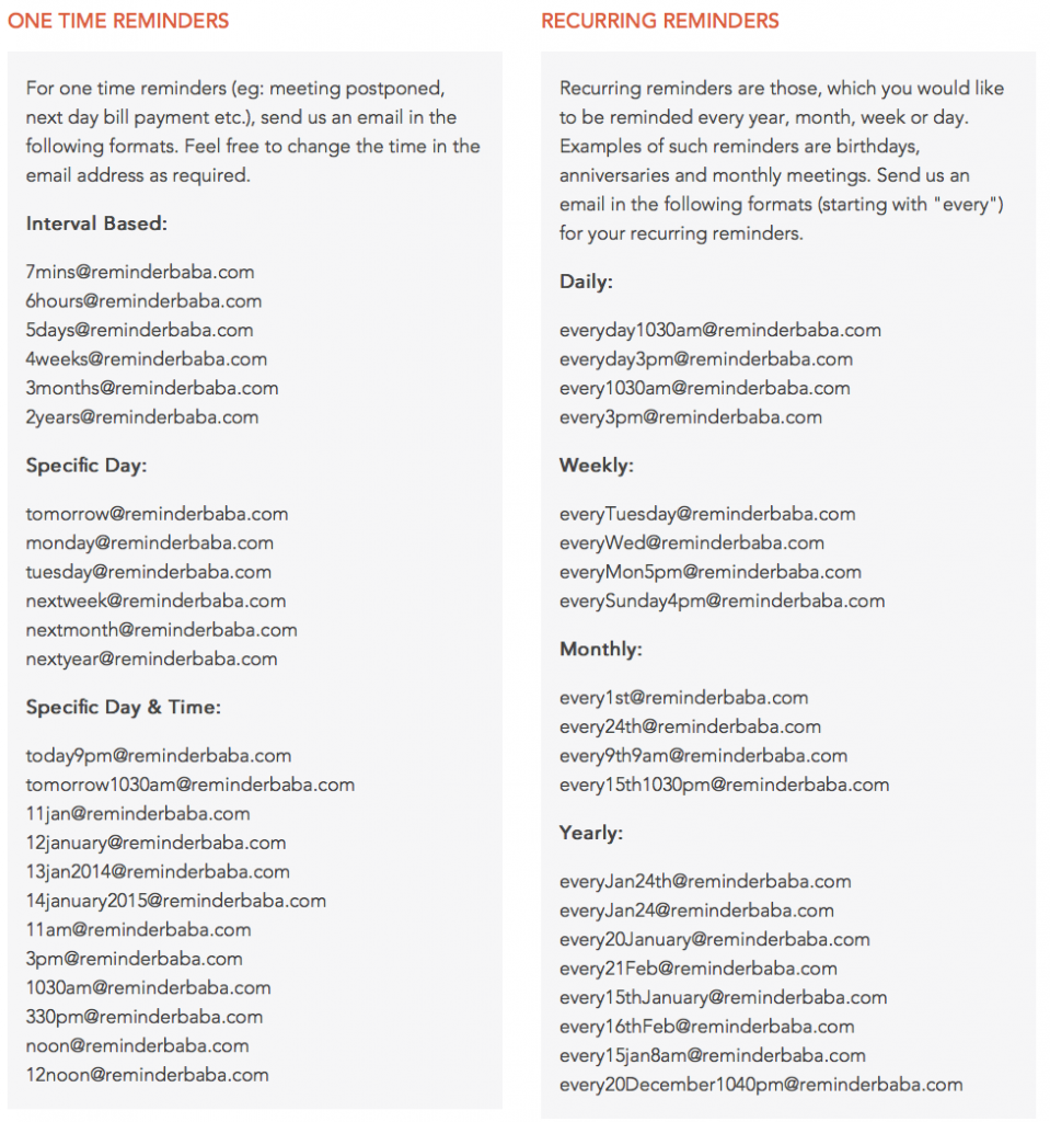 Reminderbaba.com: Einmalige und regelmäßige Erinnerungen lassen sich per E-Mail konfigurieren. (Foto: Screenshot) 
