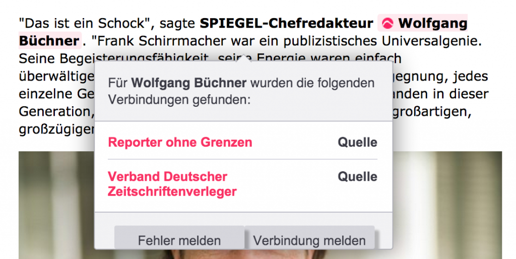 Laut Cahoots steht Wolfgang Büchner in Verbindung mit Reporter ohne Grenzen (dort sitzt er im Kuratorium) und dem Verband Deutscher Zeitschriftenverleger (dort ist er Sprecher der Arbeitsgruppe Premium Publishing) Foto: Screenshot Spiegel.de