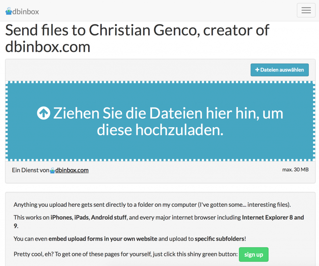 Upload-Seite von DBinbox (Foto: Screenshot)