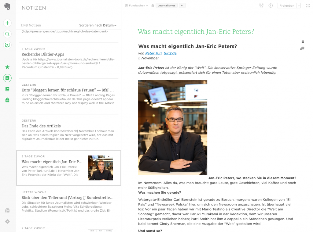 Die neue Evernote-Web-Oberfläche ist deutlich aufgeräumter als der Windows- oder Mac-Client (Foto: Screenshot)