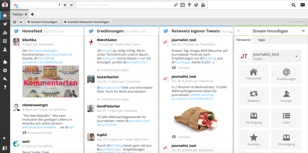 Hootsuite mit dem Twitter-Account von Journalisten-Tools.de (Foto: Screenshot)