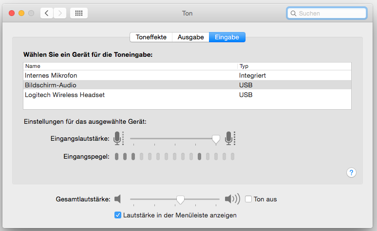 In den Systemeinstellungen des Mac kann man einstellen, welches Mikro und welche Lautsprecher der Mac nutzen kann. (Foto: Screenshot)