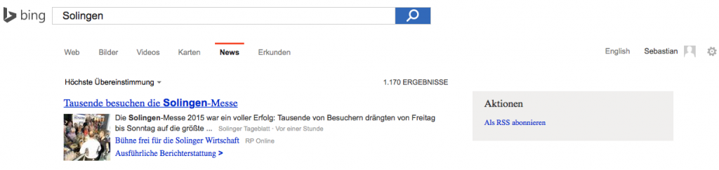 Bing News: Abonnieren Sie Suchergebnisse per RSS-Feed (Foto: Screenshot)